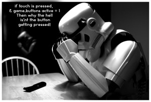 Storm Trooper struggling to balance everything in his head.