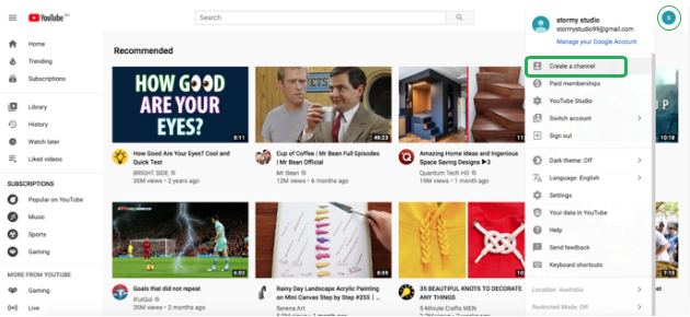 create youtube channel