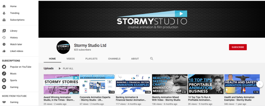 official stormystudio youtube channel page