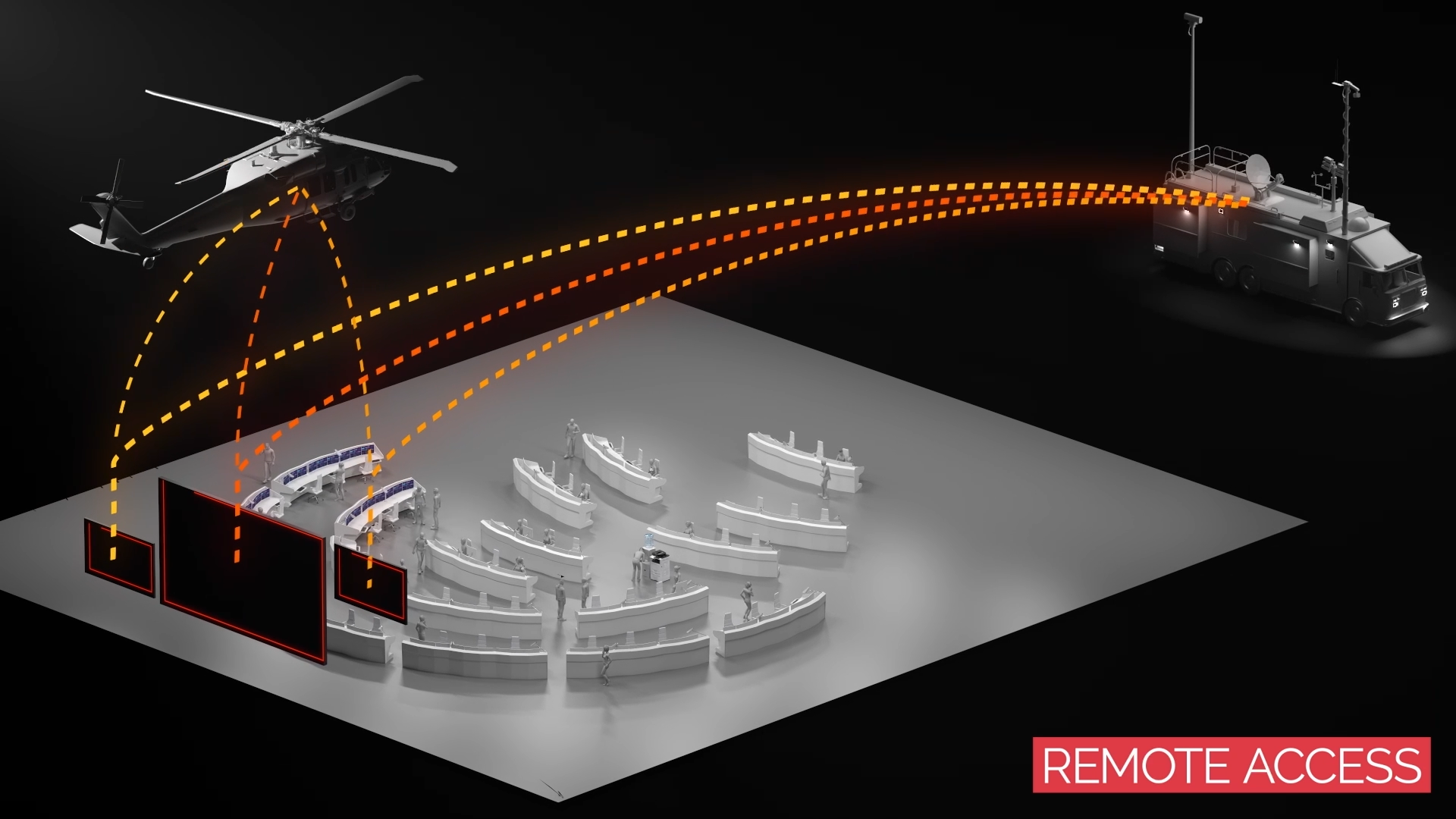Overview 3D animated still showing command room and remote access via VR