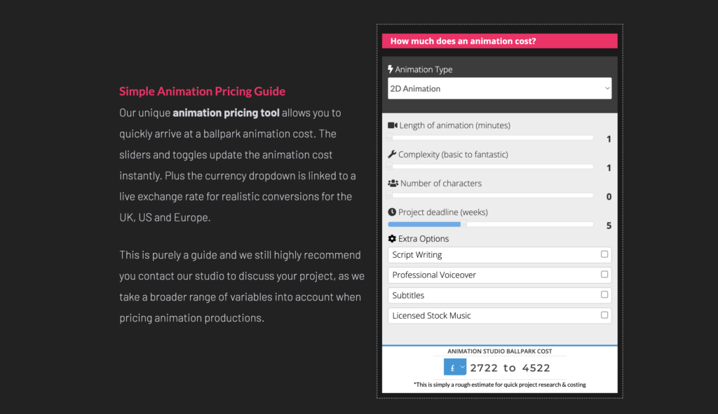 Animation cost and pricing tool